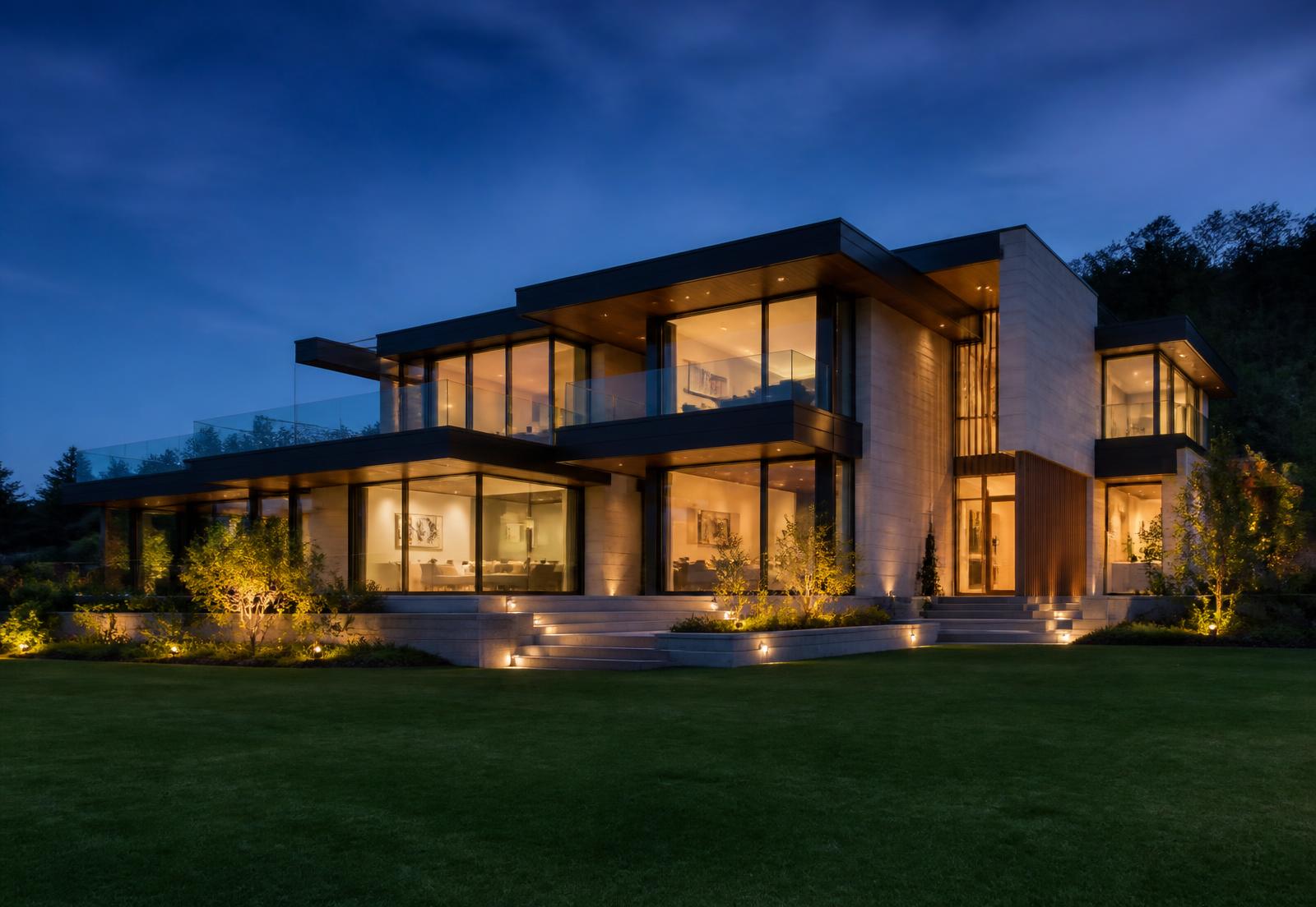 Propriété moderne haut de gamme illuminée au crépuscule